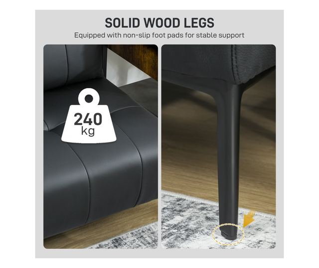 Gombos, steppelt műbőr karfa nélküli kétszemélyes kanapé - Fekete