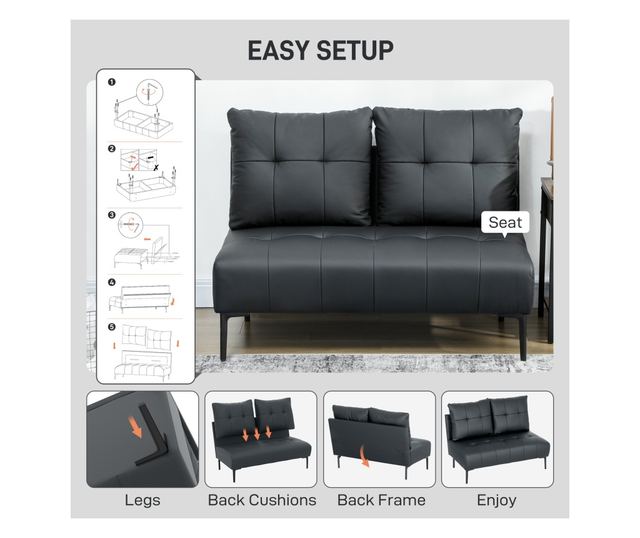 Gombos, steppelt műbőr karfa nélküli kétszemélyes kanapé - Fekete