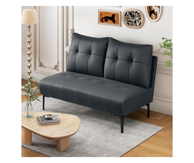 Gombos, steppelt műbőr karfa nélküli kétszemélyes kanapé - Fekete