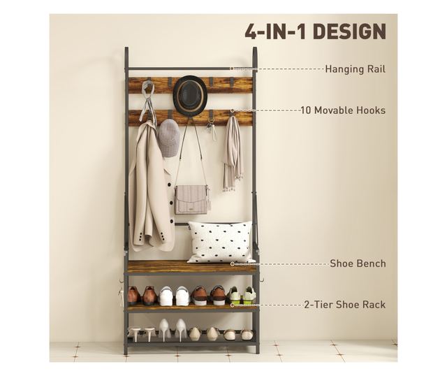 Előszoba ruhafogas rúdval, kampókkal, paddal és cipőpolccal, barna és fekete