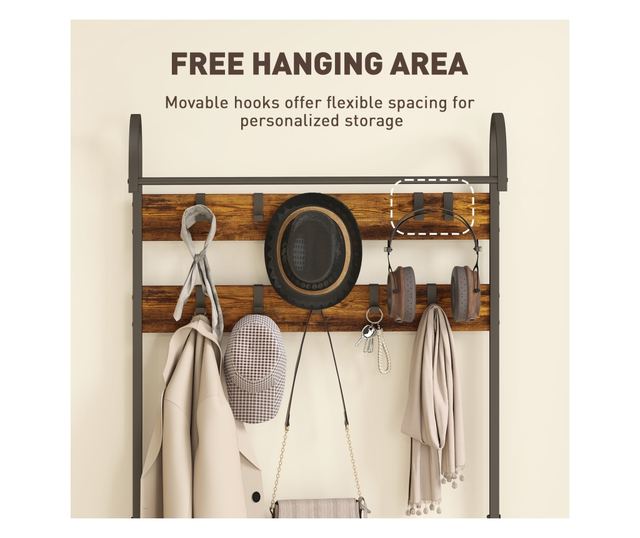 Előszoba ruhafogas rúdval, kampókkal, paddal és cipőpolccal, barna és fekete