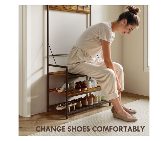 Előszoba ruhafogas rúdval, kampókkal, paddal és cipőpolccal, barna és fekete