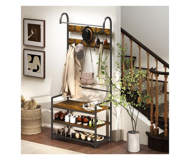 Előszoba ruhafogas rúdval, kampókkal, paddal és cipőpolccal, barna és fekete