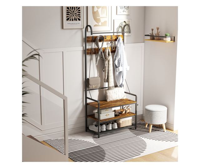 Előszoba ruhafogas rúdval, kampókkal, paddal és cipőpolccal, barna és fekete