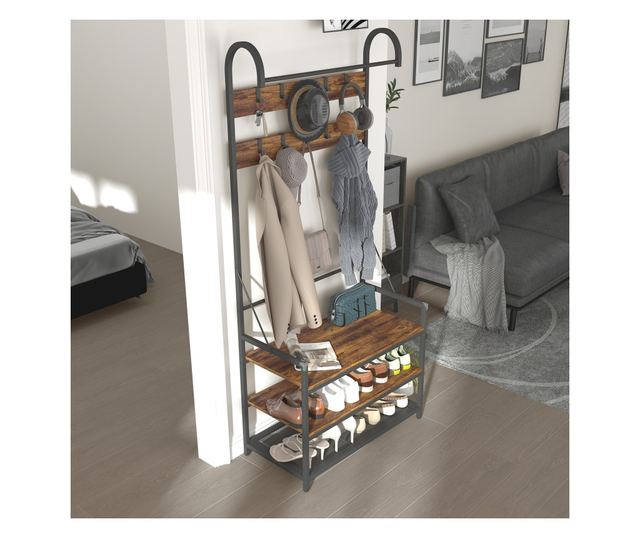 Előszoba ruhafogas rúdval, kampókkal, paddal és cipőpolccal, barna és fekete