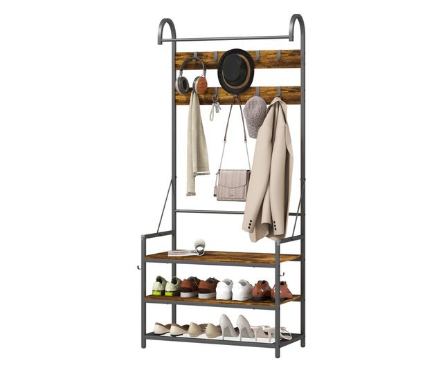 Előszoba ruhafogas rúdval, kampókkal, paddal és cipőpolccal, barna és fekete
