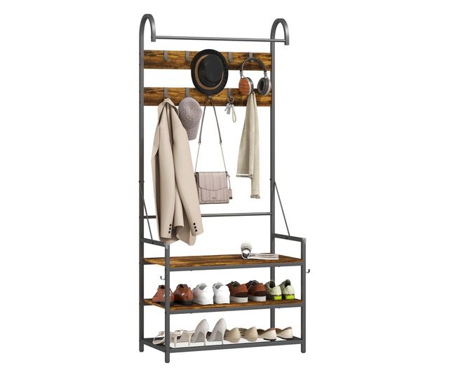Előszoba ruhafogas rúdval, kampókkal, paddal és cipőpolccal, barna és fekete