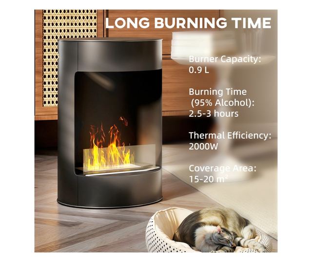 Bioetanol kandalló, 64 cm-es szabadon álló etanol kályha, 3 órás égési idő