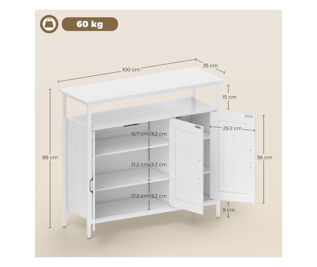 Konyhai tálalószekrény nyitott polccal és 2 szekrénnyel 100x35x88 cm fehér