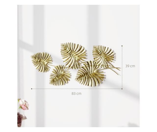 Arany Fém Monstera Levél Fali Dísz Rögzítő Kiegészítőkkel, 83x2,5x39 cm
