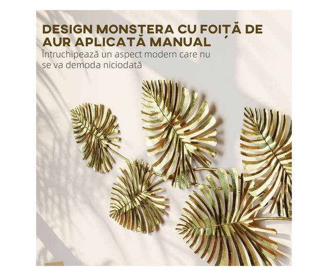 Arany Fém Monstera Levél Fali Dísz Rögzítő Kiegészítőkkel, 83x2,5x39 cm