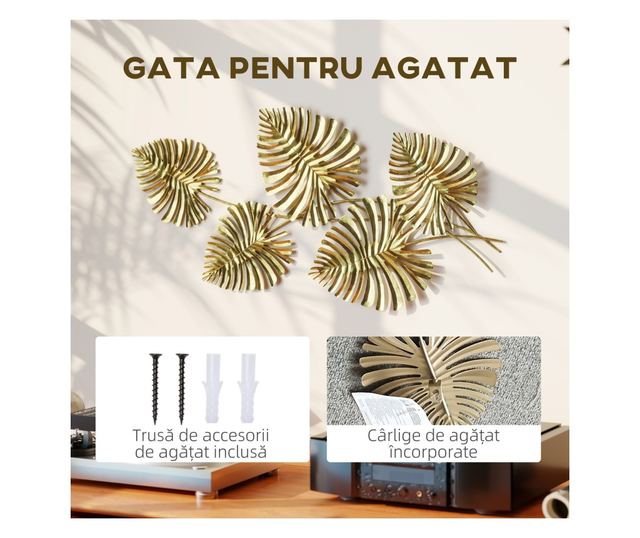 Arany Fém Monstera Levél Fali Dísz Rögzítő Kiegészítőkkel, 83x2,5x39 cm