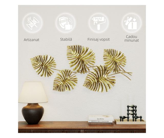 Arany Fém Monstera Levél Fali Dísz Rögzítő Kiegészítőkkel, 83x2,5x39 cm
