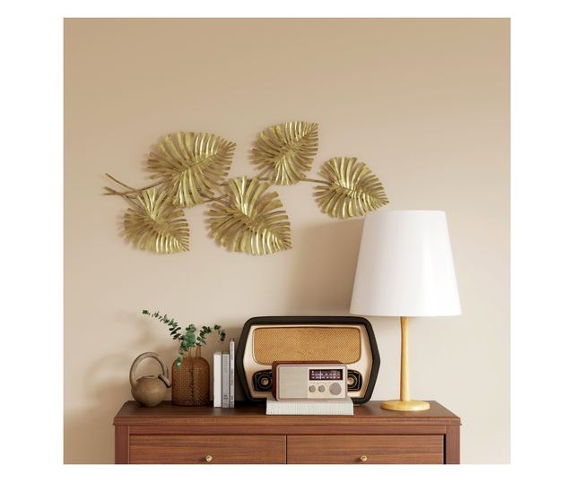 Arany Fém Monstera Levél Fali Dísz Rögzítő Kiegészítőkkel, 83x2,5x39 cm