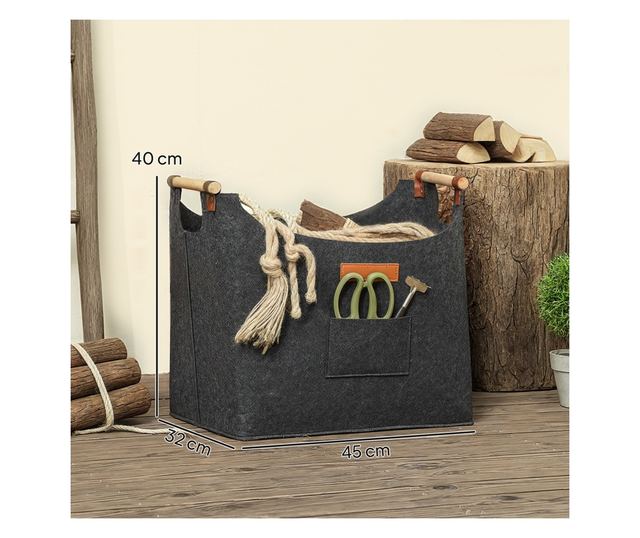 Filc Tűzifa Táska Fa Fogantyúkkal, 45x32x40 cm, Szürke
