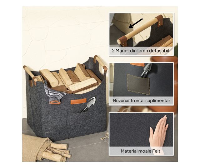 Filc Tűzifa Táska Fa Fogantyúkkal, 45x32x40 cm, Szürke