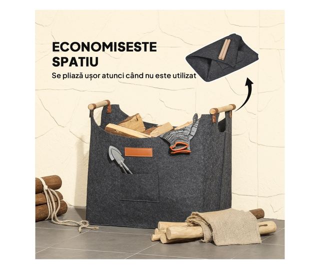 Filc Tűzifa Táska Fa Fogantyúkkal, 45x32x40 cm, Szürke