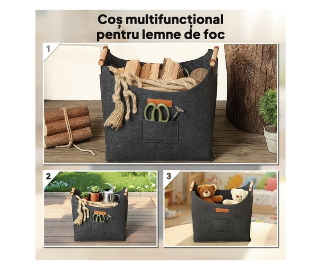 Filc Tűzifa Táska Fa Fogantyúkkal, 45x32x40 cm, Szürke
