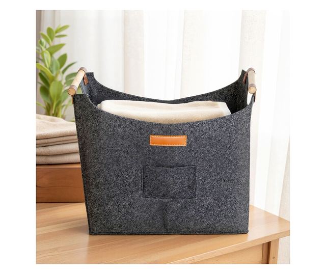 Filc Tűzifa Táska Fa Fogantyúkkal, 45x32x40 cm, Szürke