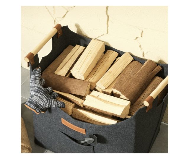 Filc Tűzifa Táska Fa Fogantyúkkal, 45x32x40 cm, Szürke