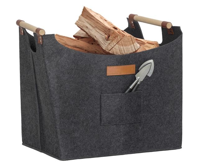Filc Tűzifa Táska Fa Fogantyúkkal, 45x32x40 cm, Szürke