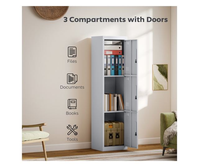 Acél irodai szekrény 3 független zárható ajtóval és 2 kulccsal, 45x38x180 cm, világosszürke
