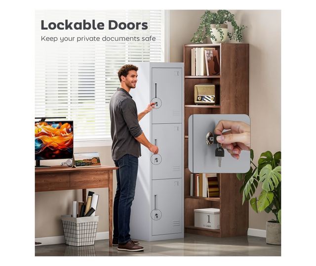Acél irodai szekrény 3 független zárható ajtóval és 2 kulccsal, 45x38x180 cm, világosszürke