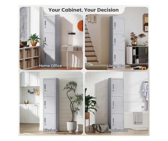 Acél irodai szekrény 3 független zárható ajtóval és 2 kulccsal, 45x38x180 cm, világosszürke