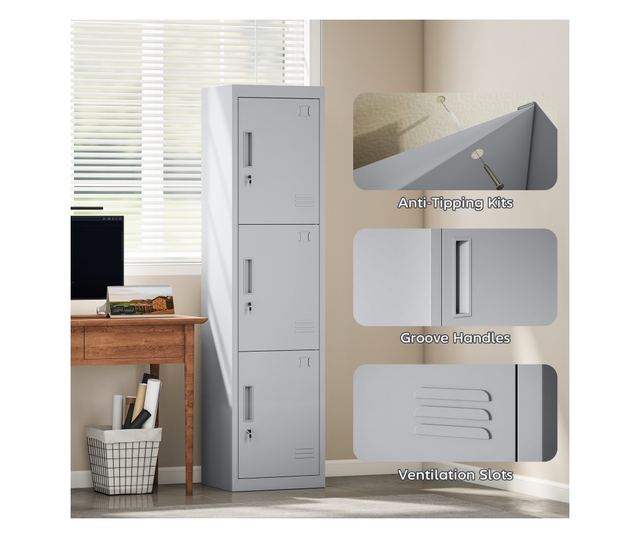 Acél irodai szekrény 3 független zárható ajtóval és 2 kulccsal, 45x38x180 cm, világosszürke