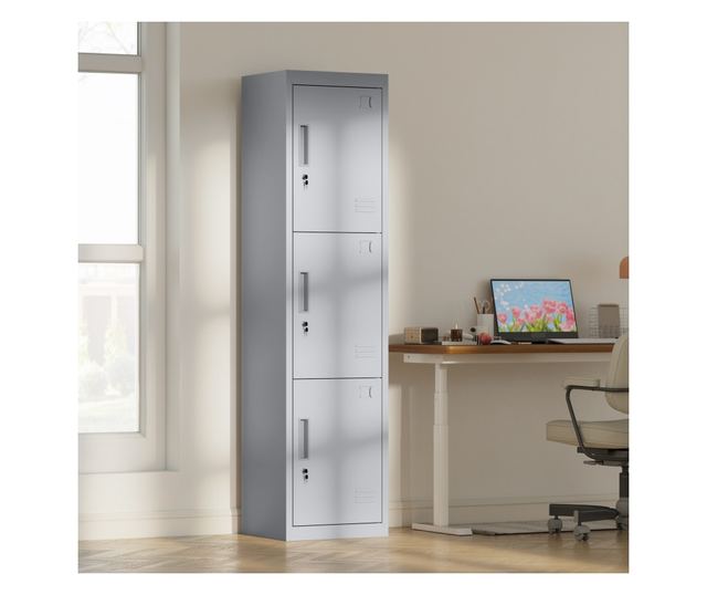 Acél irodai szekrény 3 független zárható ajtóval és 2 kulccsal, 45x38x180 cm, világosszürke