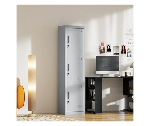 Acél irodai szekrény 3 független zárható ajtóval és 2 kulccsal, 45x38x180 cm, világosszürke