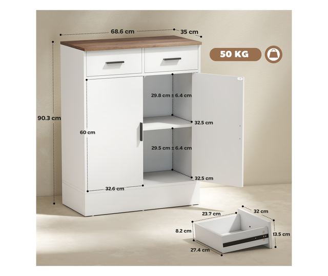 Modern tálalószekrény 2 fiókkal és 2 ajtós szekrénnyel, fehér és fa