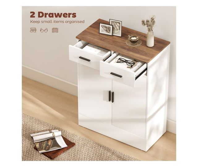 Modern tálalószekrény 2 fiókkal és 2 ajtós szekrénnyel, fehér és fa