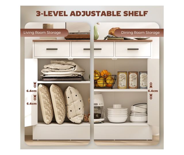 Modern tálalószekrény 2 fiókkal és 2 ajtós szekrénnyel, fehér és fa