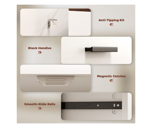 Modern tálalószekrény 2 fiókkal és 2 ajtós szekrénnyel, fehér és fa