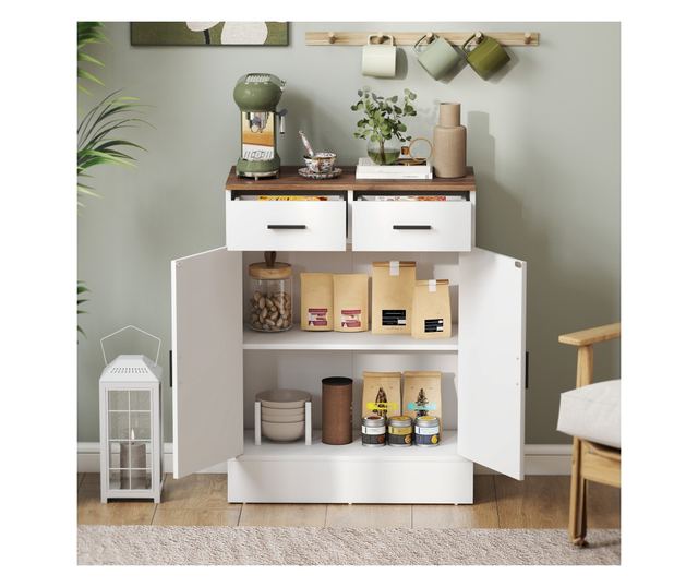 Modern tálalószekrény 2 fiókkal és 2 ajtós szekrénnyel, fehér és fa