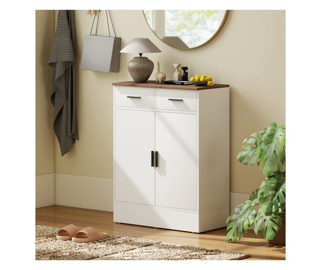 Modern tálalószekrény 2 fiókkal és 2 ajtós szekrénnyel, fehér és fa