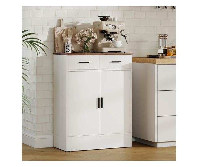 Modern tálalószekrény 2 fiókkal és 2 ajtós szekrénnyel, fehér és fa