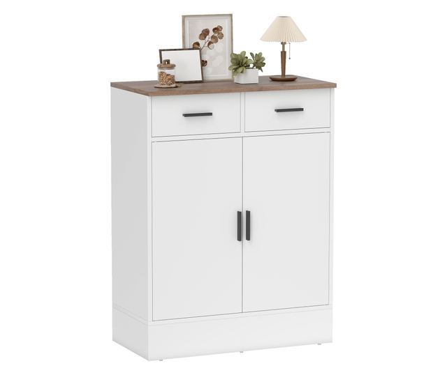 Modern tálalószekrény 2 fiókkal és 2 ajtós szekrénnyel, fehér és fa