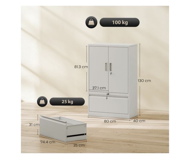 Irodai szekrény állítható polccal és fiókkal, fehér