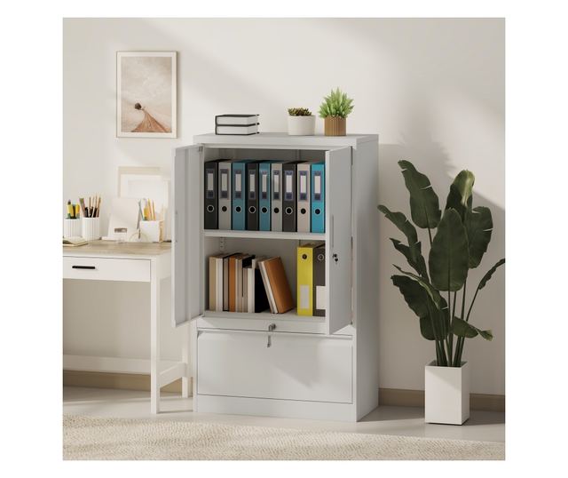 Irodai szekrény állítható polccal és fiókkal, fehér