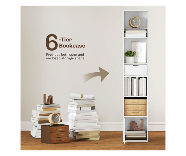 Magas, 6 szintes könyvespolc keskeny polccal, fiókkal és ajtóval - Fehér