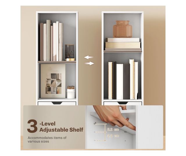 Magas, 6 szintes könyvespolc keskeny polccal, fiókkal és ajtóval - Fehér