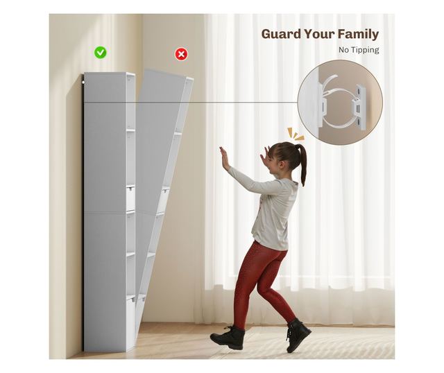 Magas, 6 szintes könyvespolc keskeny polccal, fiókkal és ajtóval - Fehér