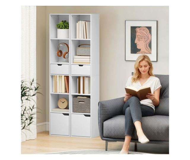 Magas, 6 szintes könyvespolc keskeny polccal, fiókkal és ajtóval - Fehér