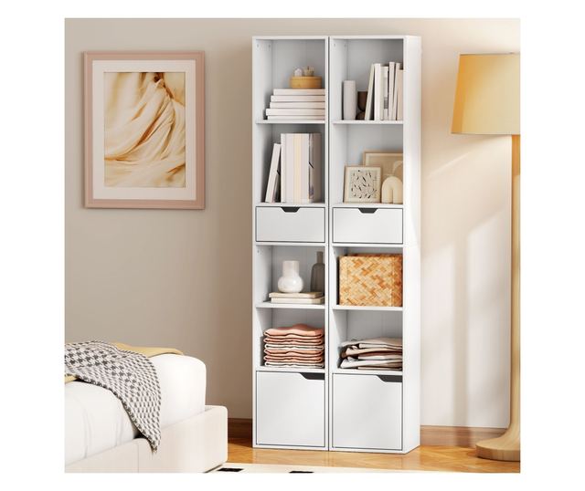 Magas, 6 szintes könyvespolc keskeny polccal, fiókkal és ajtóval - Fehér