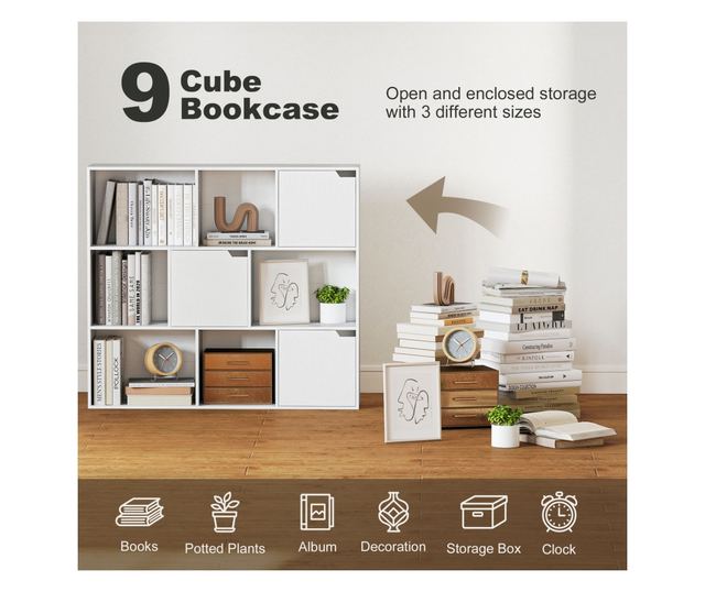 Fehér fa polc 6 nyitott és 3 zárt köbözzel