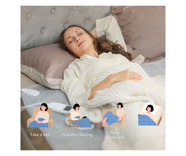 Elektromos takaró 5 fűtési szinttel és 2 független vezérlőzónával, polár és poliészter fűtött takaró, 160x140 cm