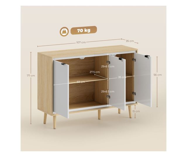 Modern komód 3 ajtóval és állítható polccal 107x35x77cm Fehér és Tölgy