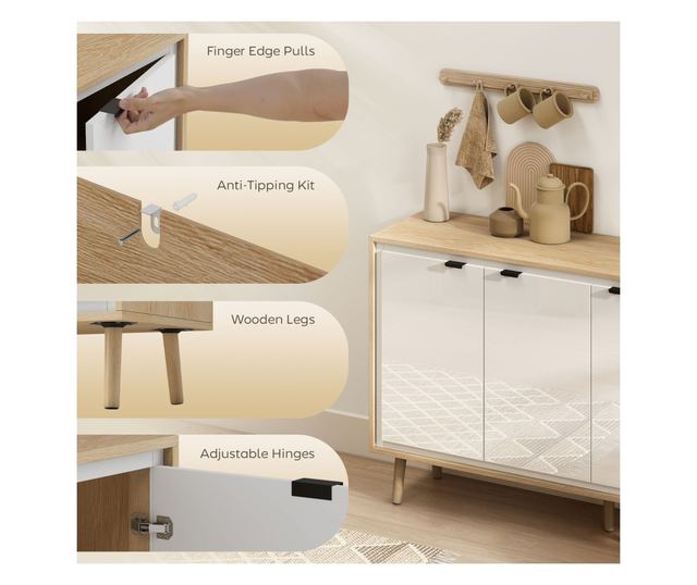 Modern komód 3 ajtóval és állítható polccal 107x35x77cm Fehér és Tölgy